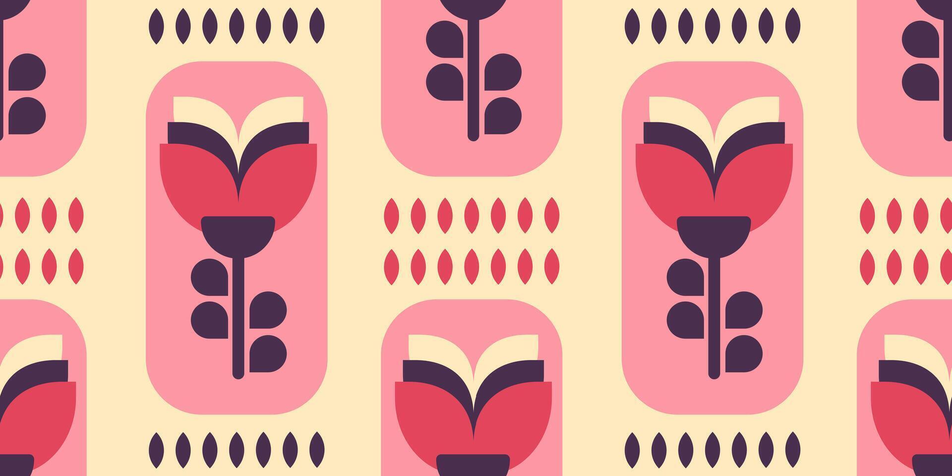 Bold geometric floral pattern in a retro style with pink, beige, and purple tones. Ideal for wrapping paper, wallpaper, fabrics, and nostalgic decor concepts. vector
