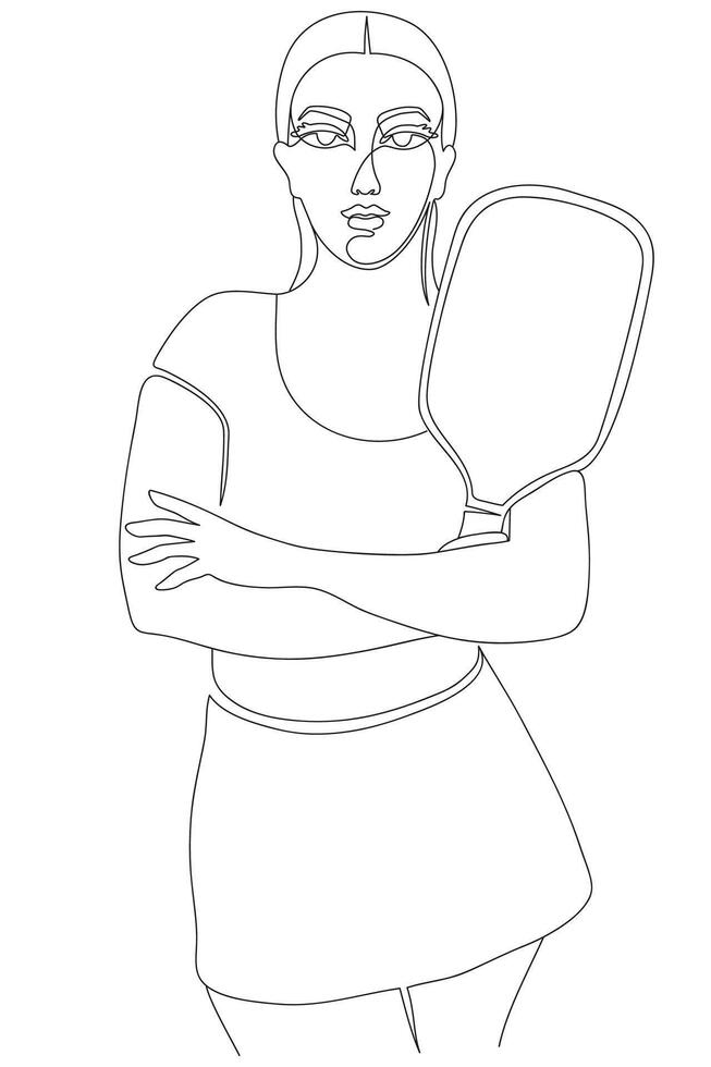 Woman in sports dress posing standing with pickleball racket. Continuous line on white background vector