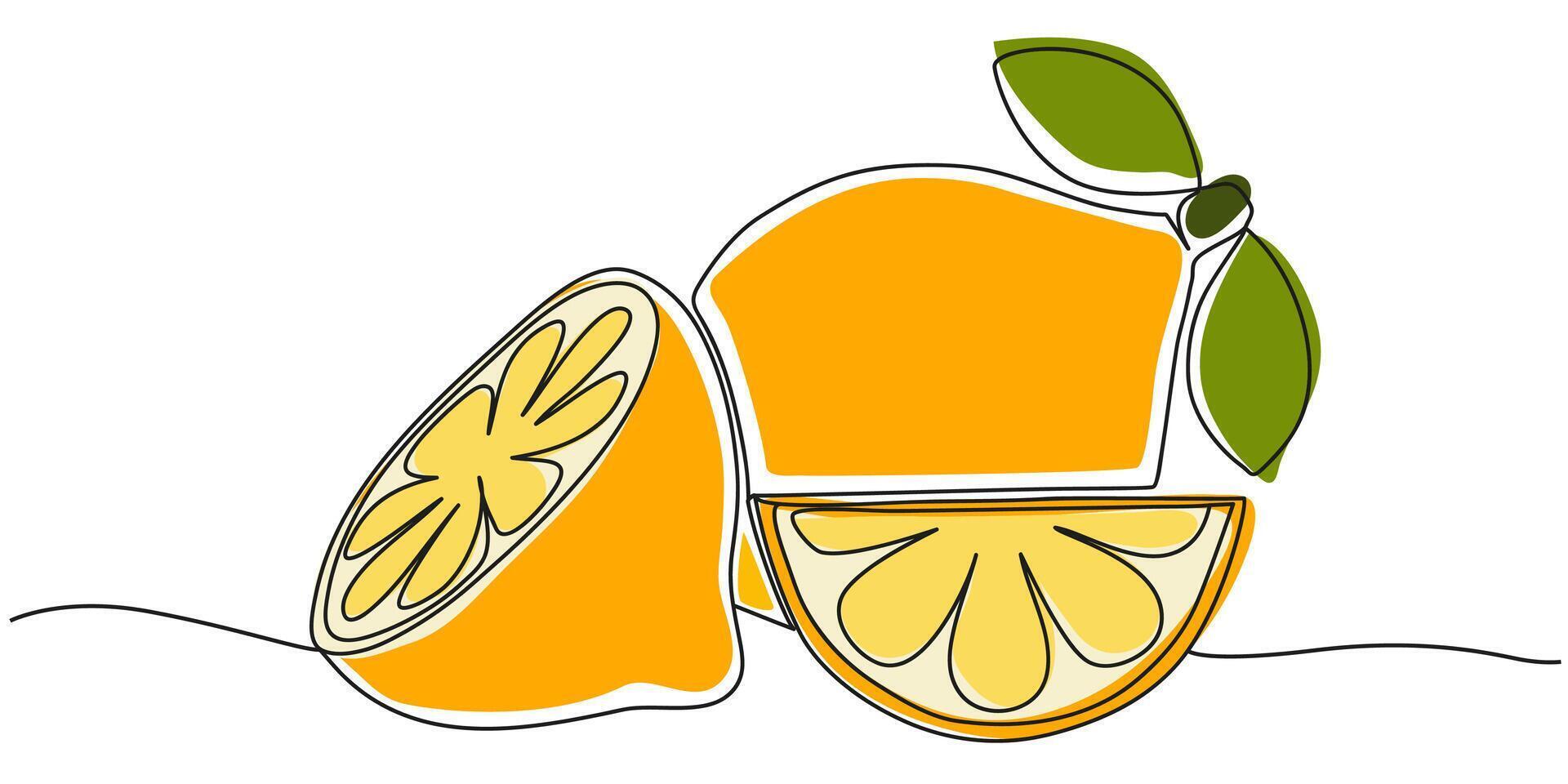 Stylized orange fruit with slices drawn in one line minimal style. Bright citrus illustration perfect for summer, healthy food, packaging, or organic product design. vector