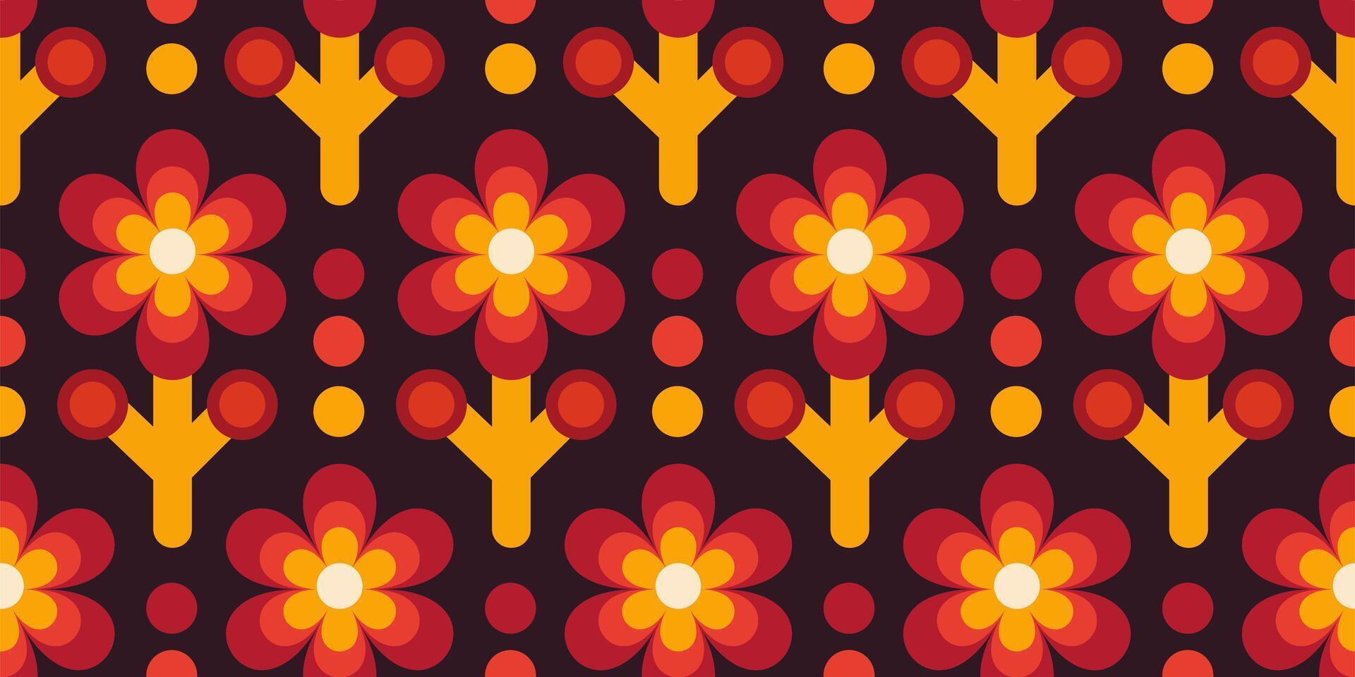 Seamless retro flower pattern with warm geometric petals in red, orange, and yellow on dark background. Perfect for fabric, wallpaper, packaging, and vintage-themed design projects. vector