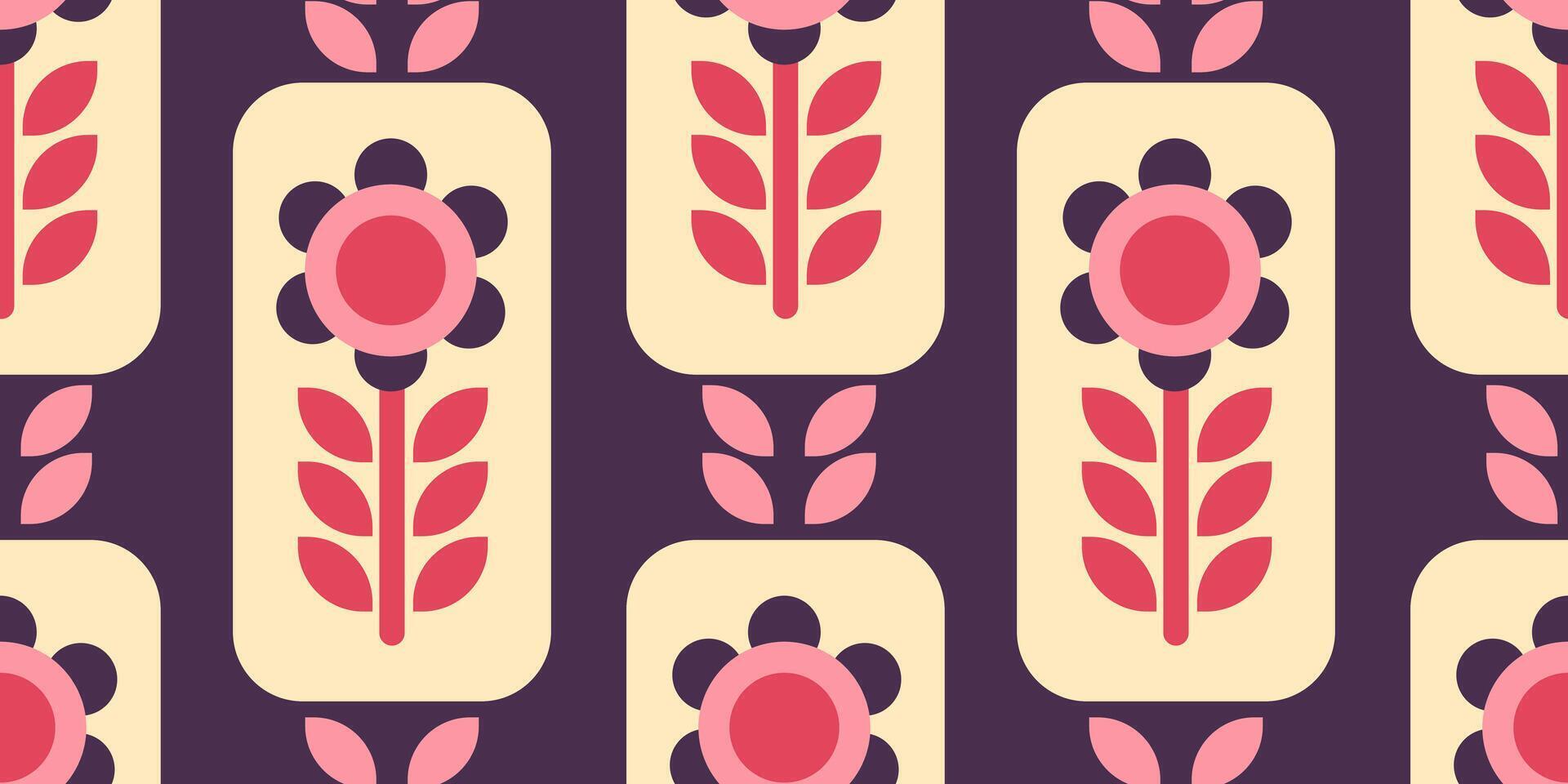Seamless retro floral pattern with bold geometric flowers in pink, red and purple tones. Ideal for fabric, wallpaper, wrapping paper, vintage projects, and textile design. vector
