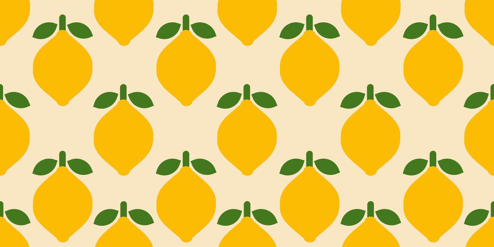 Bright seamless pattern of stylized lemons with green leaves on a light background. Simple flat design. Perfect for textiles, wallpapers, wrapping paper, and summer-themed projects. vector