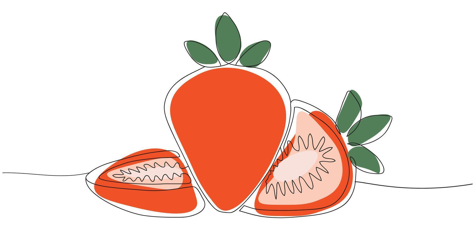 Black outline strawberries whole, halved, and thin slices. Minimal hand drawn fruit set on white background. vector