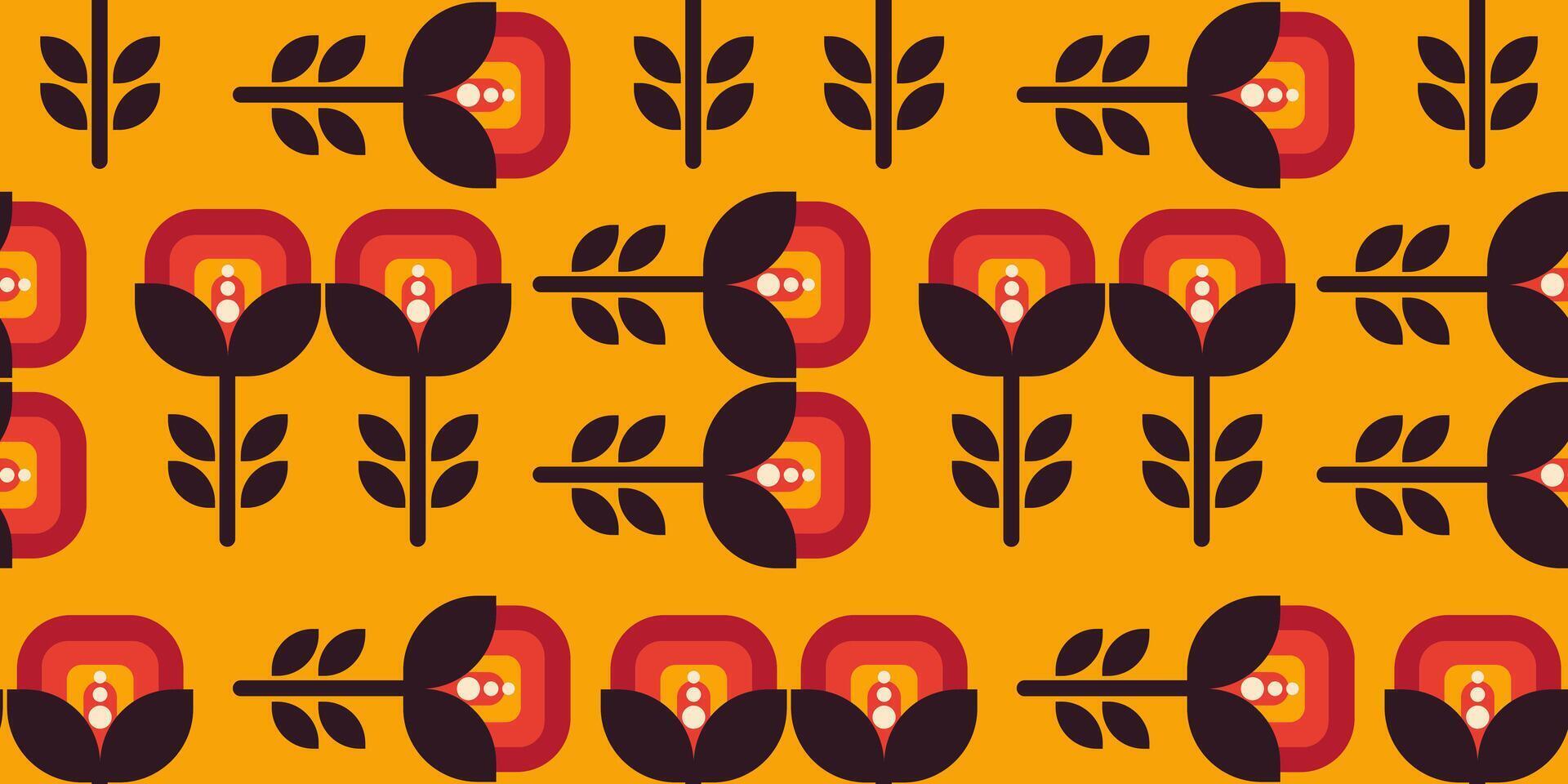 Vintage seamless pattern with graphic floral elements and bold geometry in warm hues. Perfect for wallpapers, textile prints, packaging, and mid-century modern design projects. vector