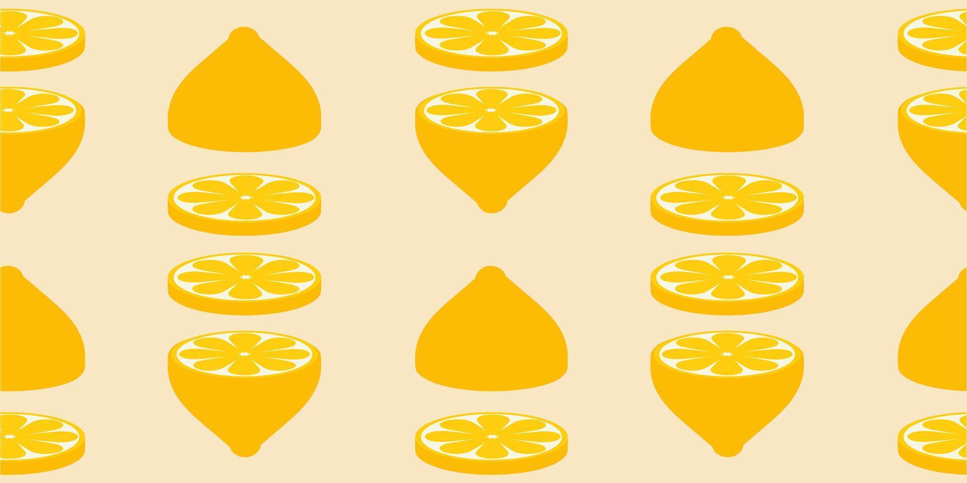 seamless pattern of yellow lemon slices on soft beige background. Bright citrus design in flat style. Ideal for summer textiles, packaging, wrapping paper, and fresh food themes. vector