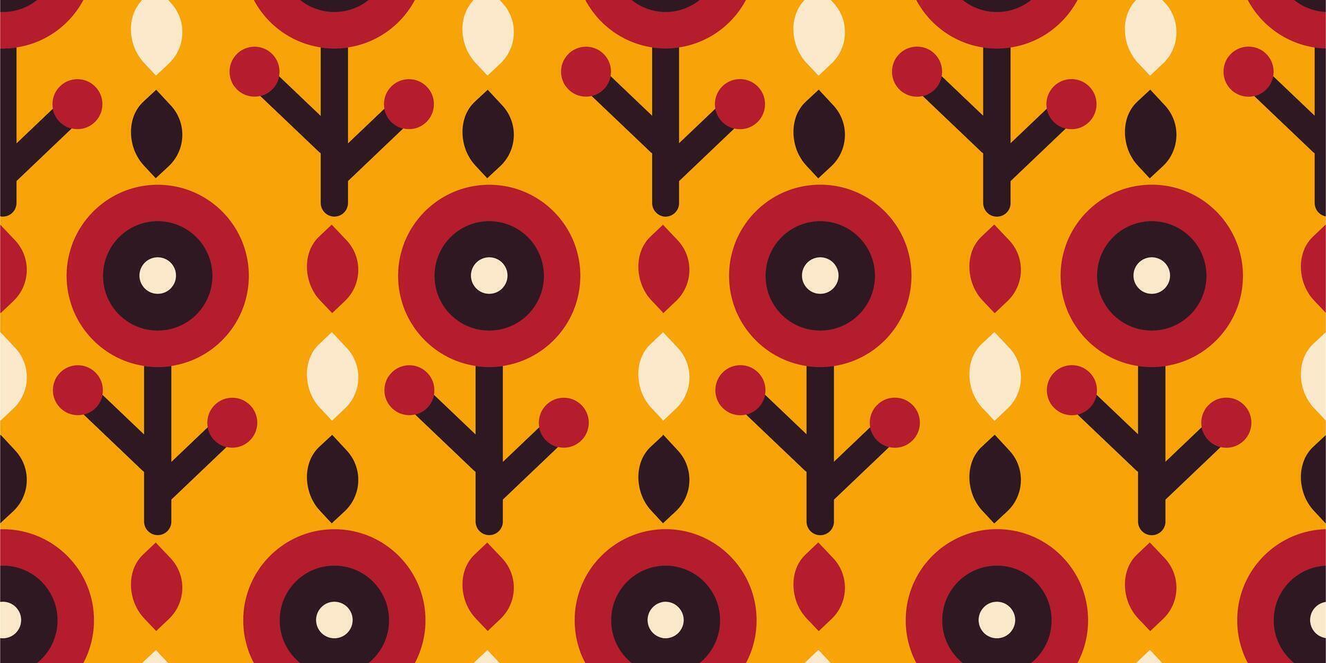 Seamless vintage floral pattern with abstract red flowers and geometric stems on bold orange background. Great for textile, wallpaper, wrapping paper, retro projects, and surface design. vector