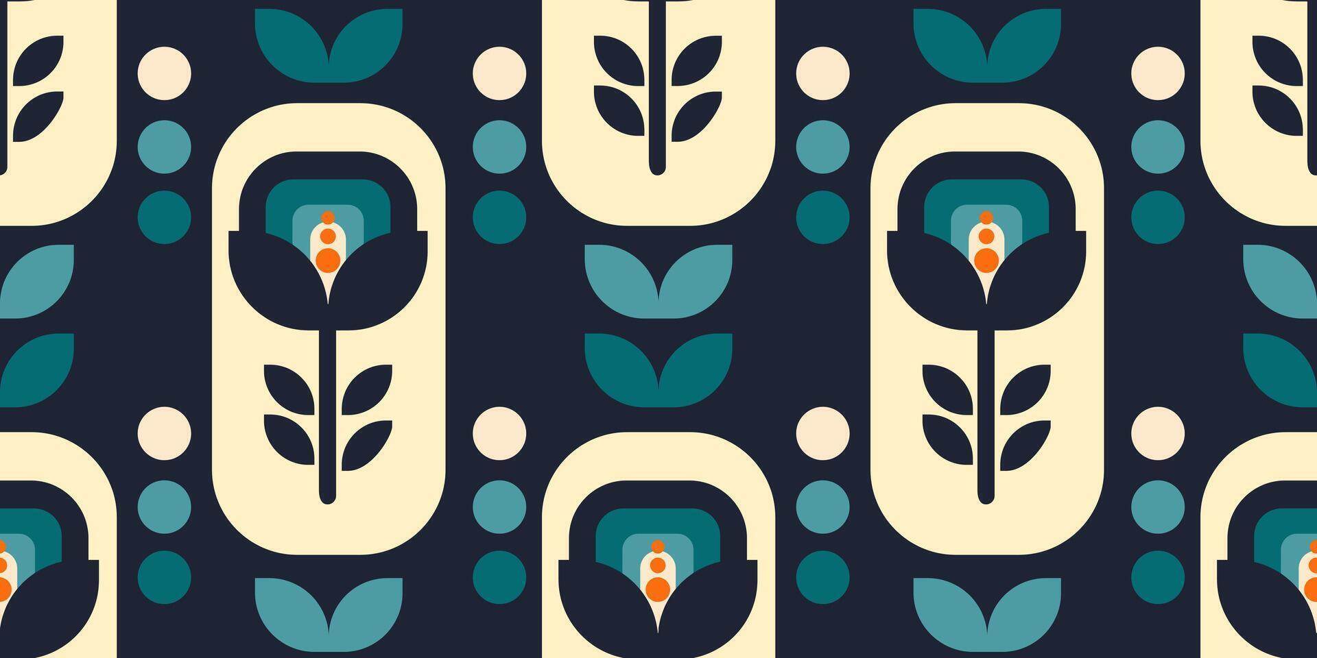 Seamless retro floral pattern with bold geometric elements in turquoise, orange and beige. Perfect for fabric prints, wallpapers, packaging and vintage designs. vector