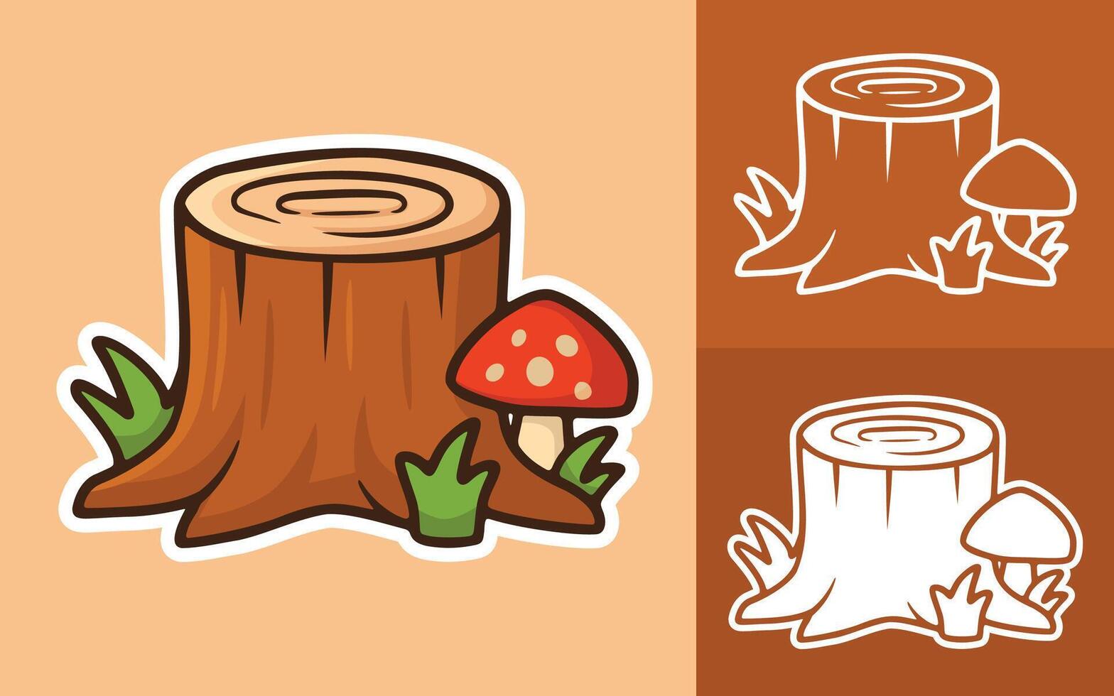 Three styles of Cartoon Tree Stump with Mushroom and Grass vector