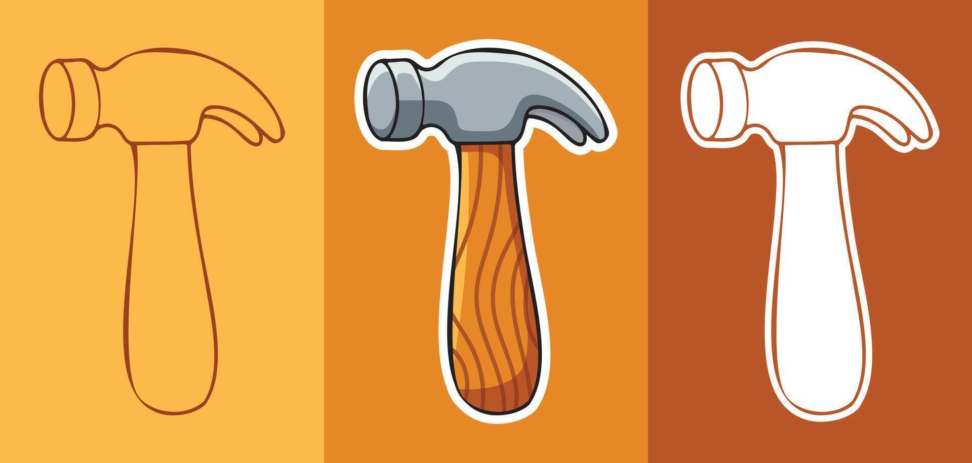 Three types of Cartoon Style Sticker of Hammer with Wood Handle vector