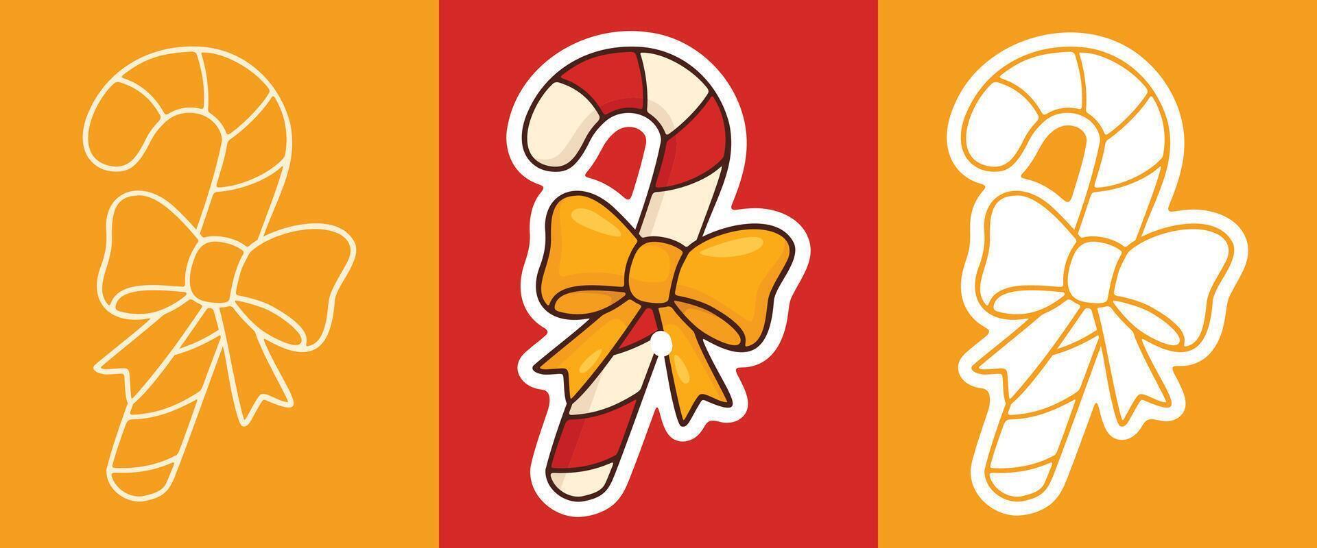 Three Types of Cartoon Style Sticker of Candy Cane with Bow vector