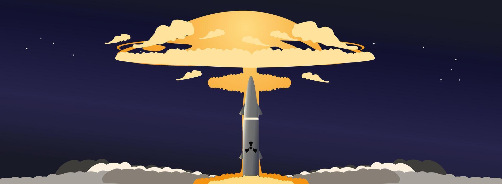Rocket missiles launched and nuclear explosion effects. Illustration of modern war. Missile war threatens world stability due to the danger of nuclear use. World war vector