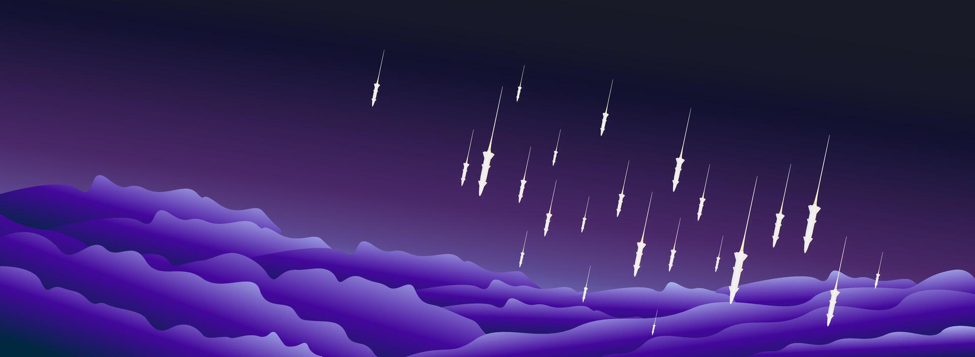 Rocket missile in the sky. Illustration of modern war, cloudy night sky and ballistic missile attack. World war vector