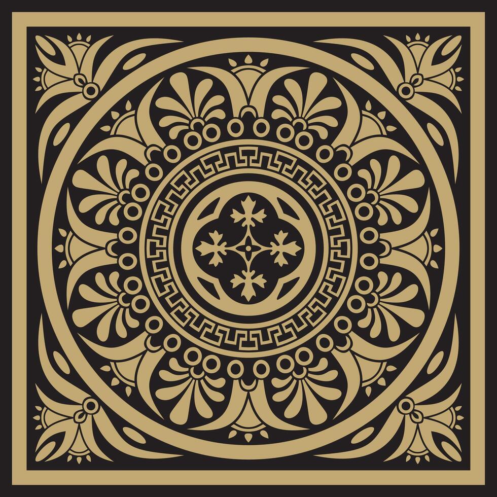 gold and black classic Greek square ornament. Rectangle of Ancient Greece and Roman Empire. Byzantine painting of walls, floors and ceilings. Decoration European palaces. vector