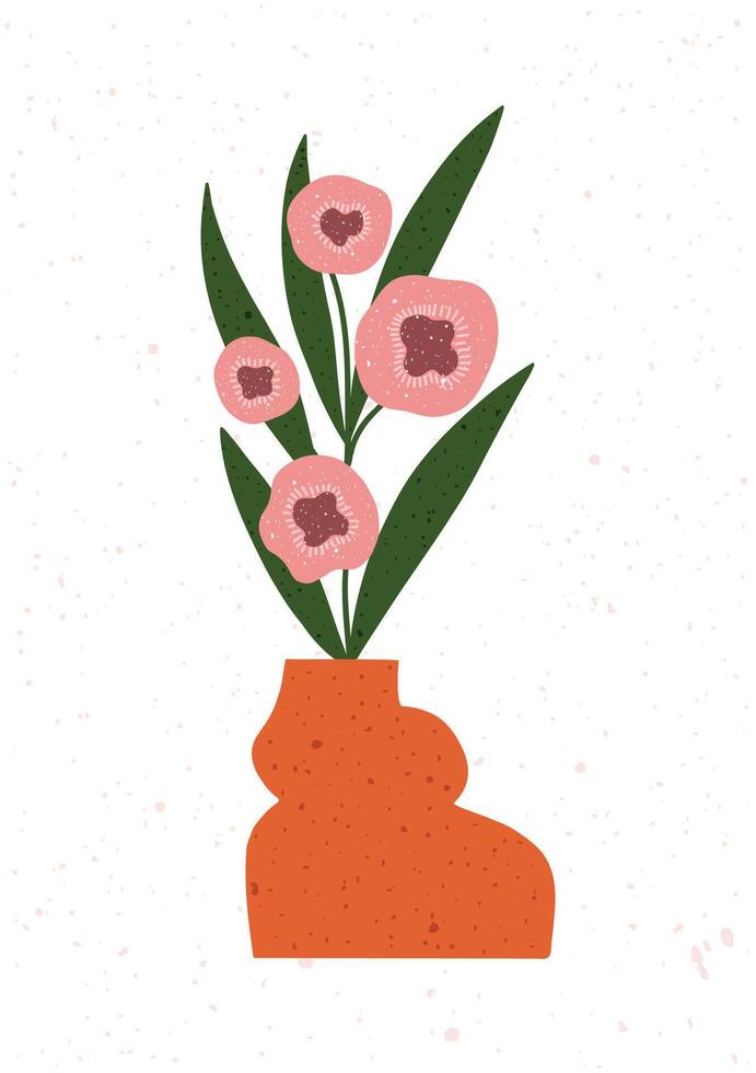 Minimal hand drawn flower bouquet in terracotta vase on white background, perfect for modern prints or decor. vector