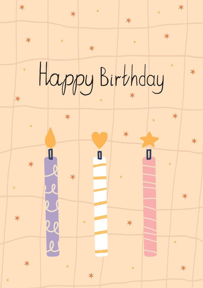 Hand drawn birthday artwork with three colorful candles on a soft peach grid background. Each candle has a unique topper flame, heart, and star. Minimalist and playful design perfect vector