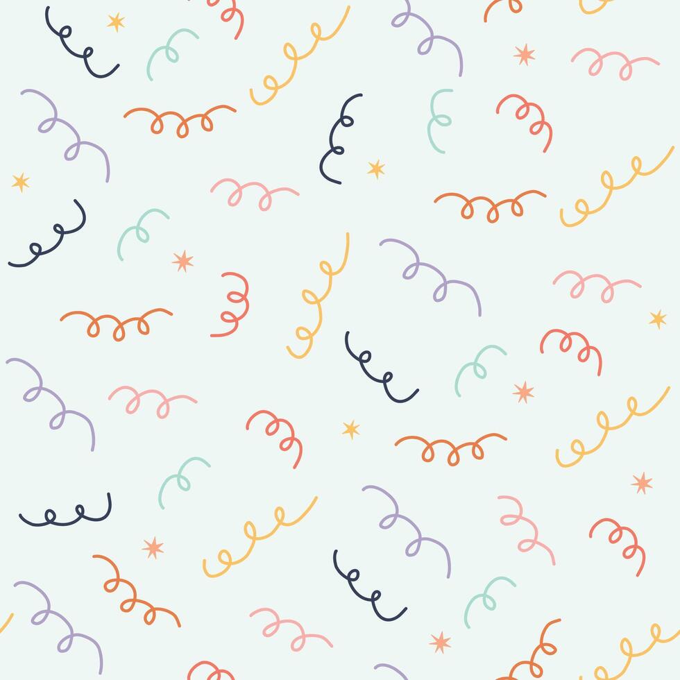 Hand drawn seamless pattern with colorful party streamers and stars. Minimal and playful celebration background, ideal for birthday designs, wrapping paper, kids projects, and festive decor. vector