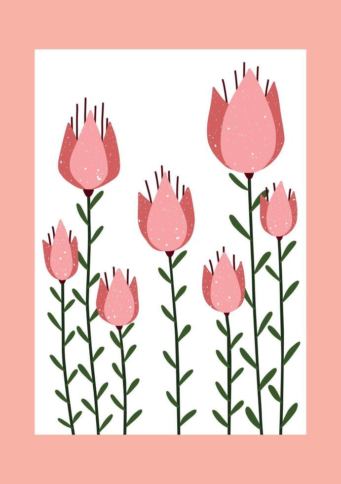 floral illustration with hand drawn pink tulip-like flowers on stems for modern wall art, nursery decor, spring prints and botanical design projects vector