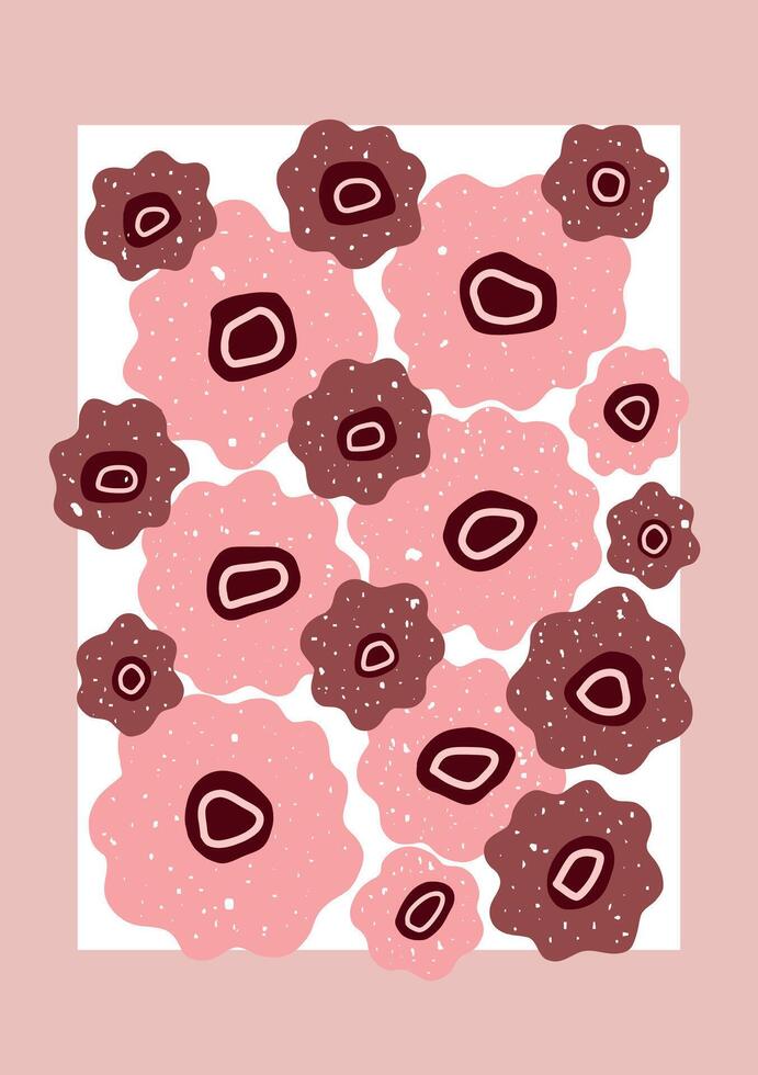 Hand drawn abstract floral composition in shades of pink and brown. Playful dotted textures and organic shapes on a pastel background. Ideal for wall decor, cards, or modern digital prints. vector