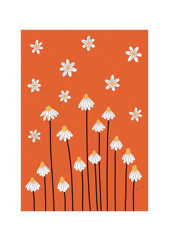 Playful hand drawn chamomile flowers on warm orange background. vector