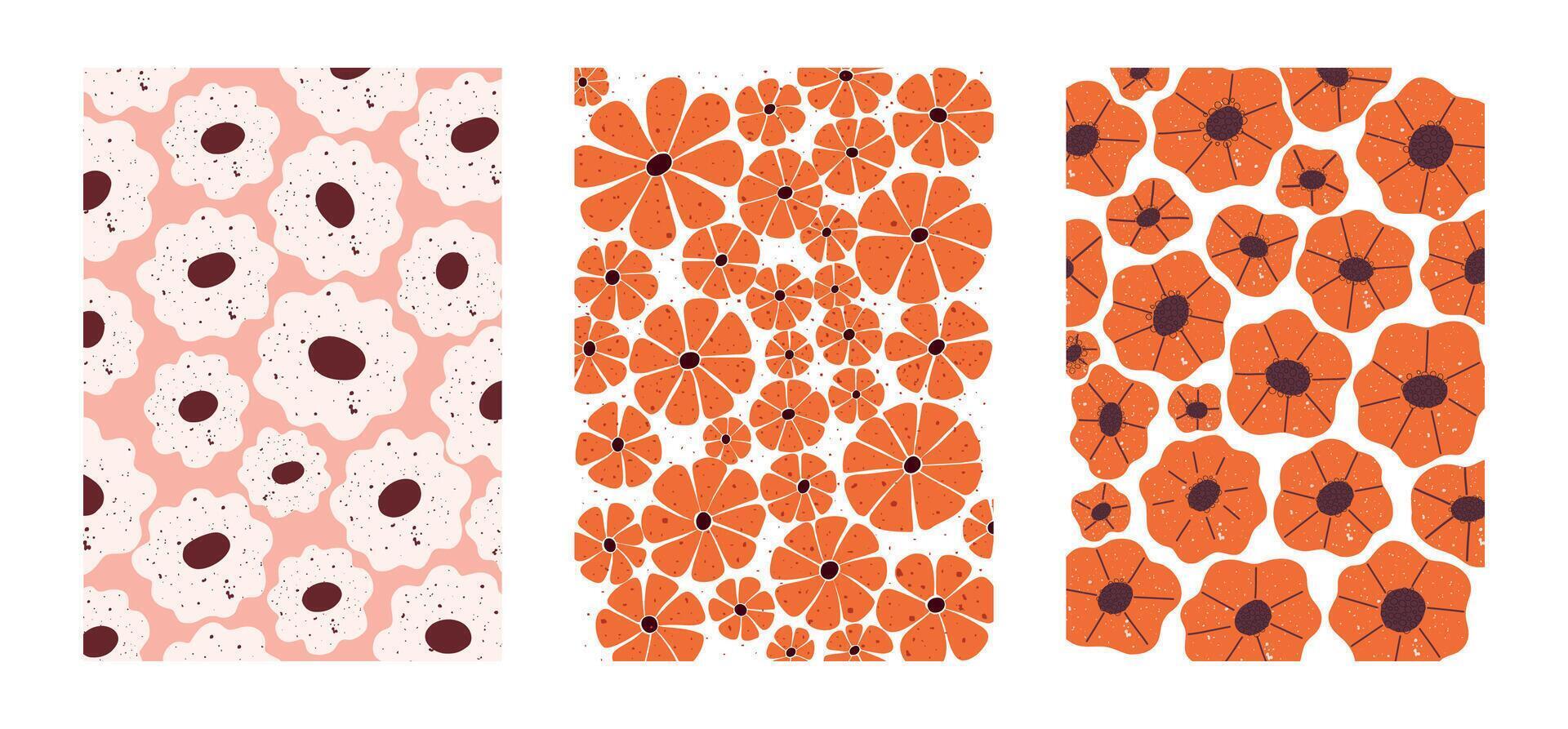 Bold hand drawn floral patterns in retro style. Set of three blooming designs featuring poppy-like flowers in orange and blush tones with textured grain effect. Perfect for textile, packaging vector