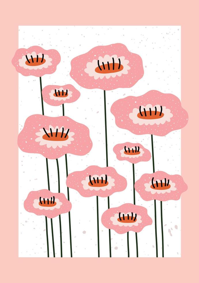 Whimsical hand drawn pink flowers with long green stems on a soft background. vector