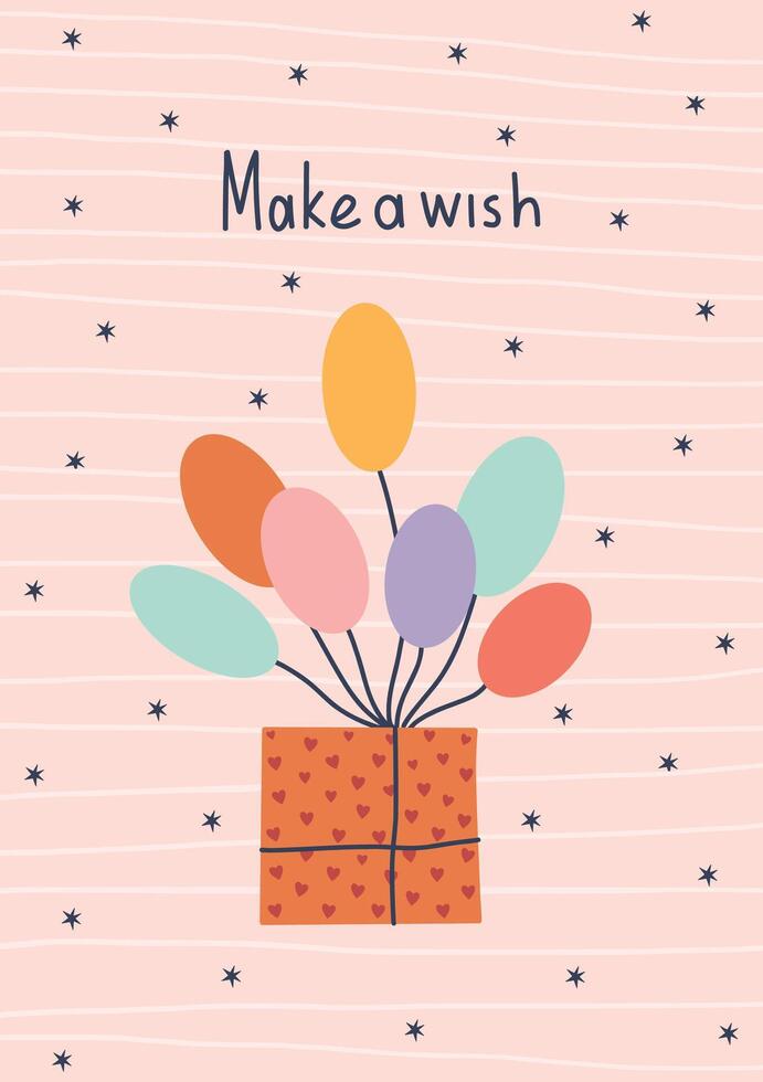 Hand drawn birthday illustration with colorful balloons flying out of a gift box. Cute pastel design on a pink striped background with scattered stars. Perfect for greeting cards, party decor vector