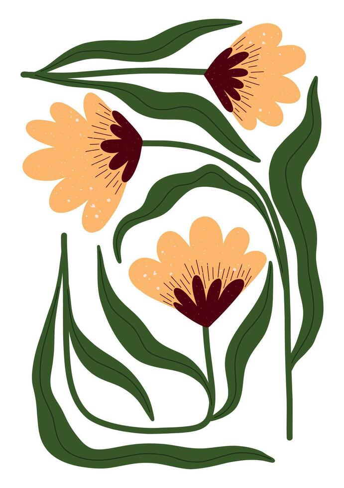 Whimsical yellow flowers with bold leaves in a clean hand drawn look. Great for creative projects and cheerful decor. vector