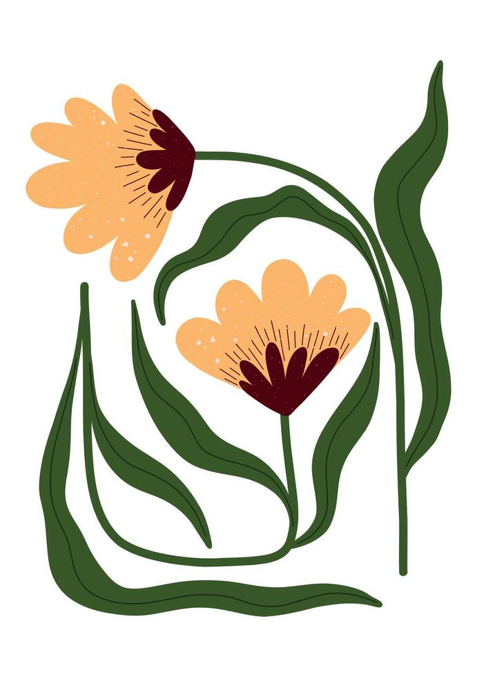 Hand drawn floral art with yellow flowers and playful leaves. Warm and minimal vector