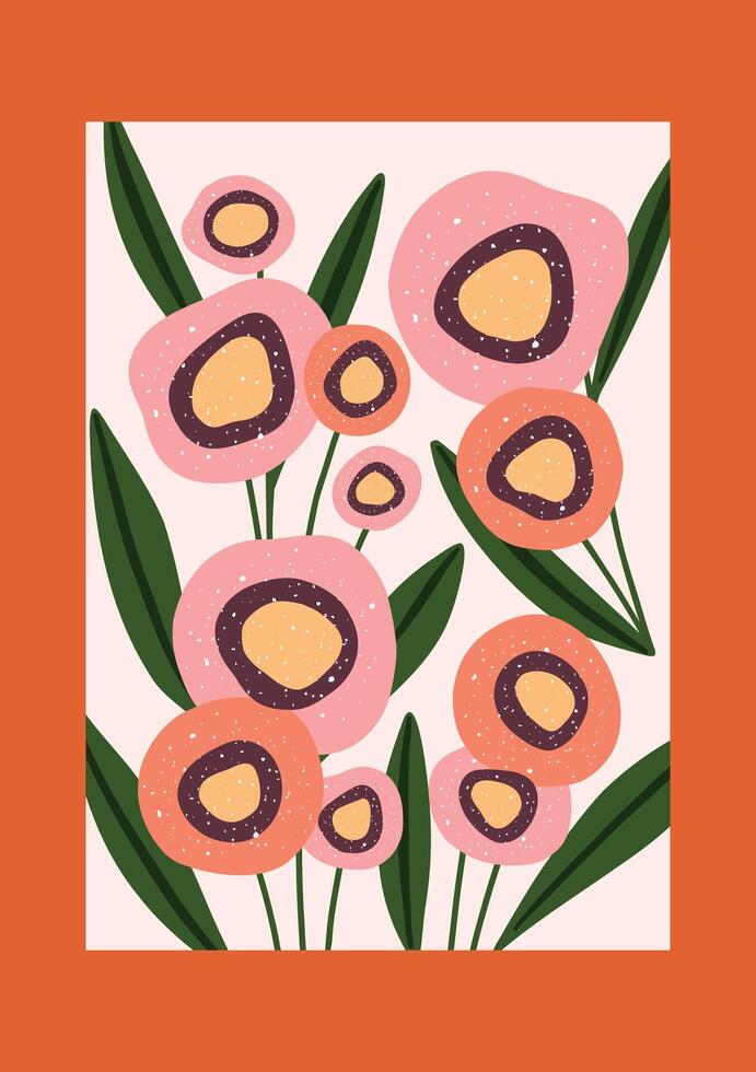 Bold hand drawn floral poster with playful circular flowers in warm tones. vector