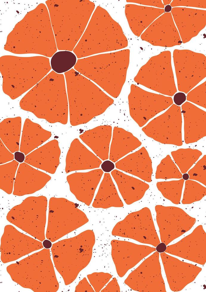 Bold and playful floral pattern featuring large hand drawn orange blooms with textured petals and a modern organic feel. Perfect for digital projects, fabric design, packaging, or creative branding. vector