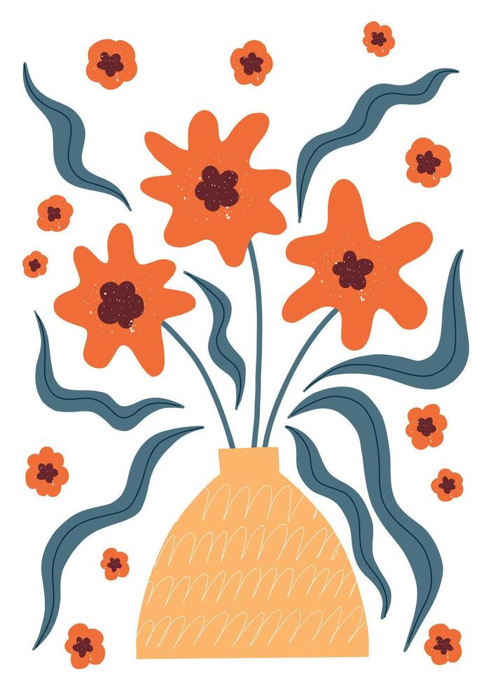 orange whimsical floral bouquet in vase with hand drawn elements and blue leaves for kids room, wall art and printable nursery decor vector