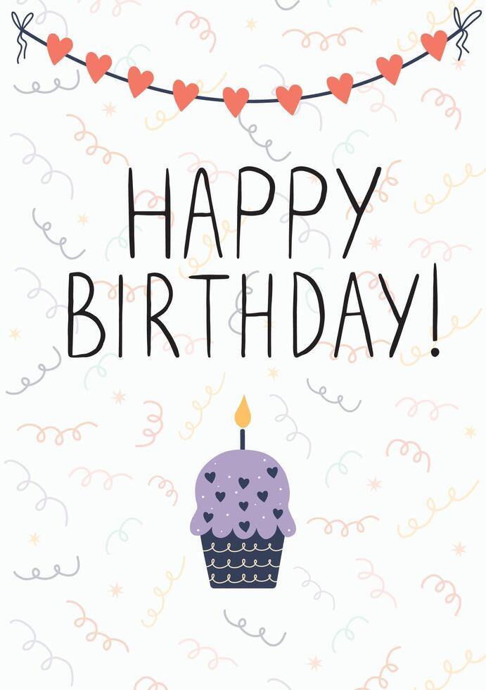 Hand drawn birthday card with purple cupcake, burning candle, heart bunting, and festive confetti. Cute and whimsical celebration design vector