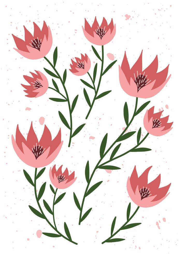 Delicate hand drawn pink flowers with green stems on a speckled white background. vector