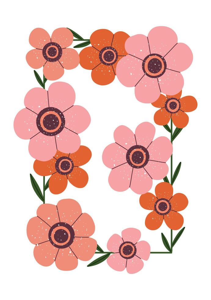 Whimsical hand drawn floral frame with soft pink and orange tones. vector
