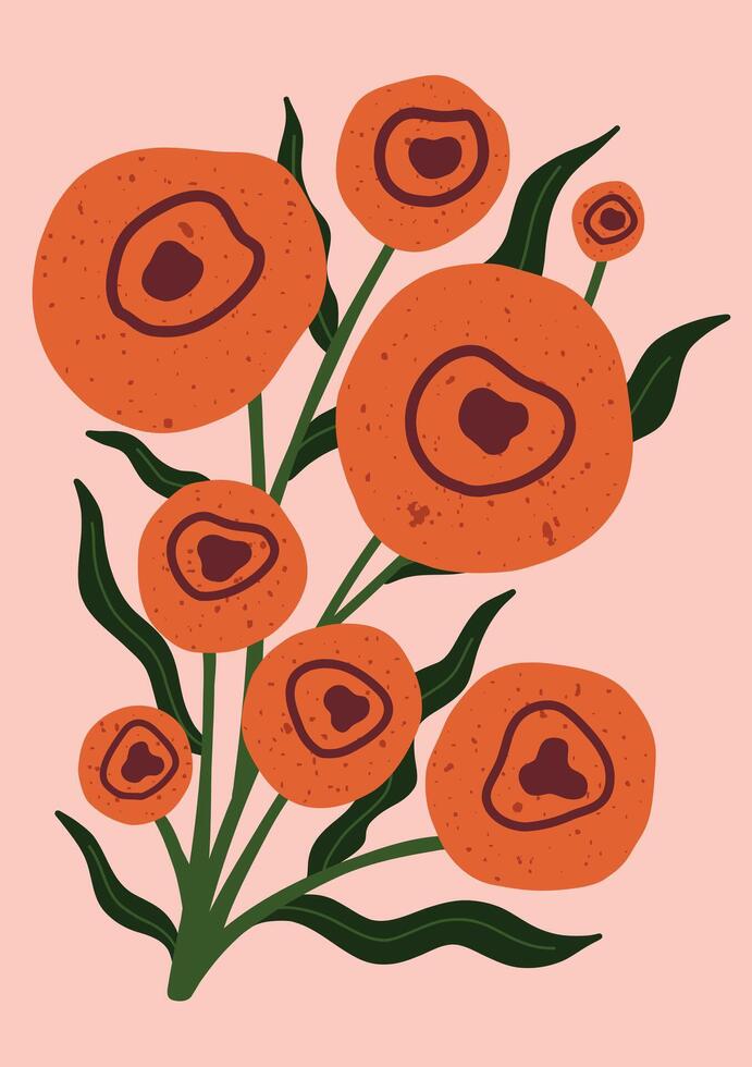 Hand drawn floral illustration with round orange blooms and dark centers, accented by curved green leaves. Playful botanical design on a pastel background, perfect for wall art, prints vector