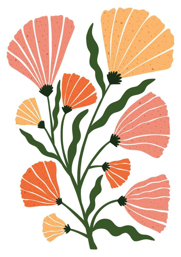 Colorful hand drawn bouquet with fan-shaped petals in warm tones. Ideal for posters, cards, and decorative prints with a whimsical feel. vector