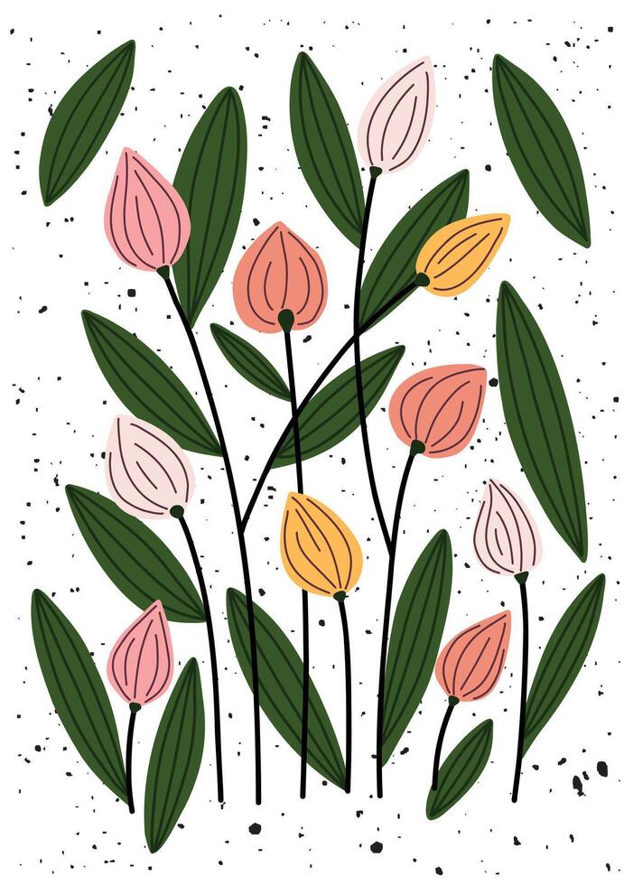 Hand drawn pastel buds with green leaves on white texture background. vector