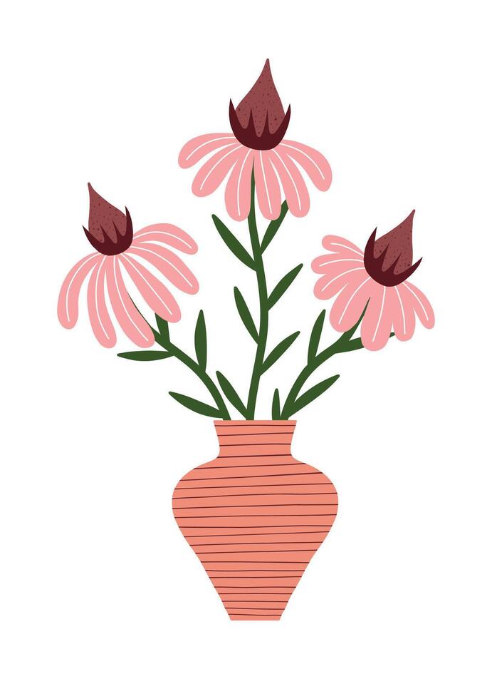 Hand drawn pink flowers in a striped terracotta vase, minimal and charming illustration. vector