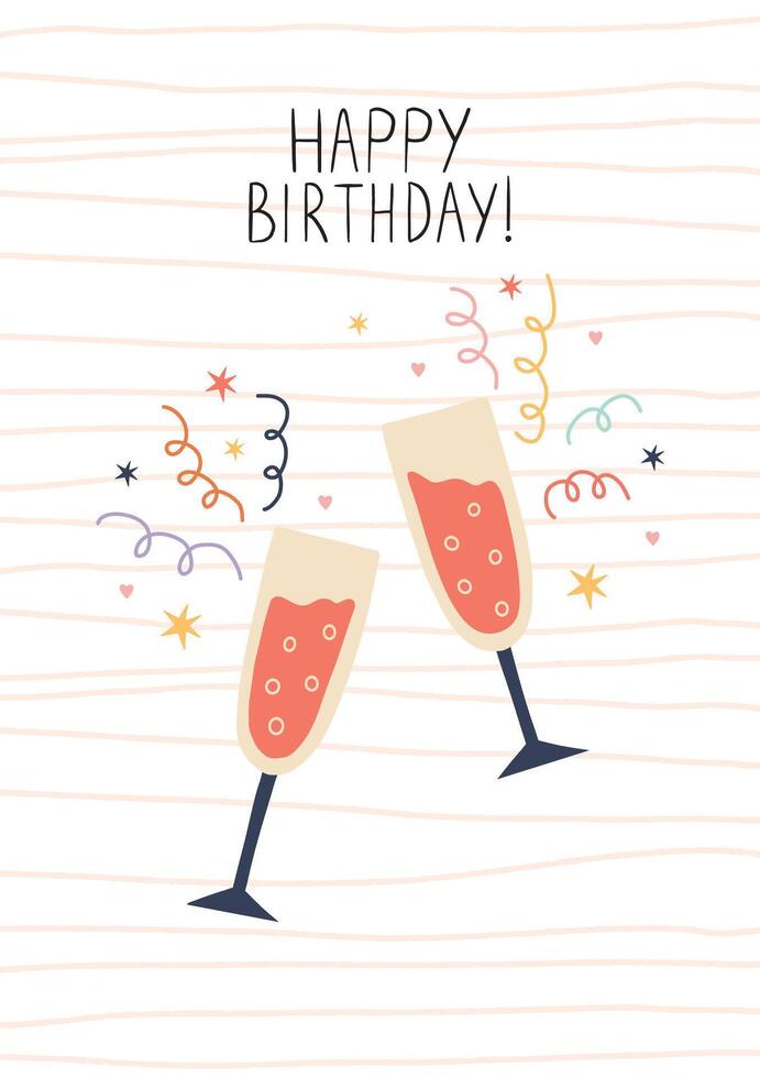 Hand drawn birthday illustration with two champagne glasses, colorful confetti, and festive stars on a striped background. Cheerful celebration design for greeting cards, party invites vector