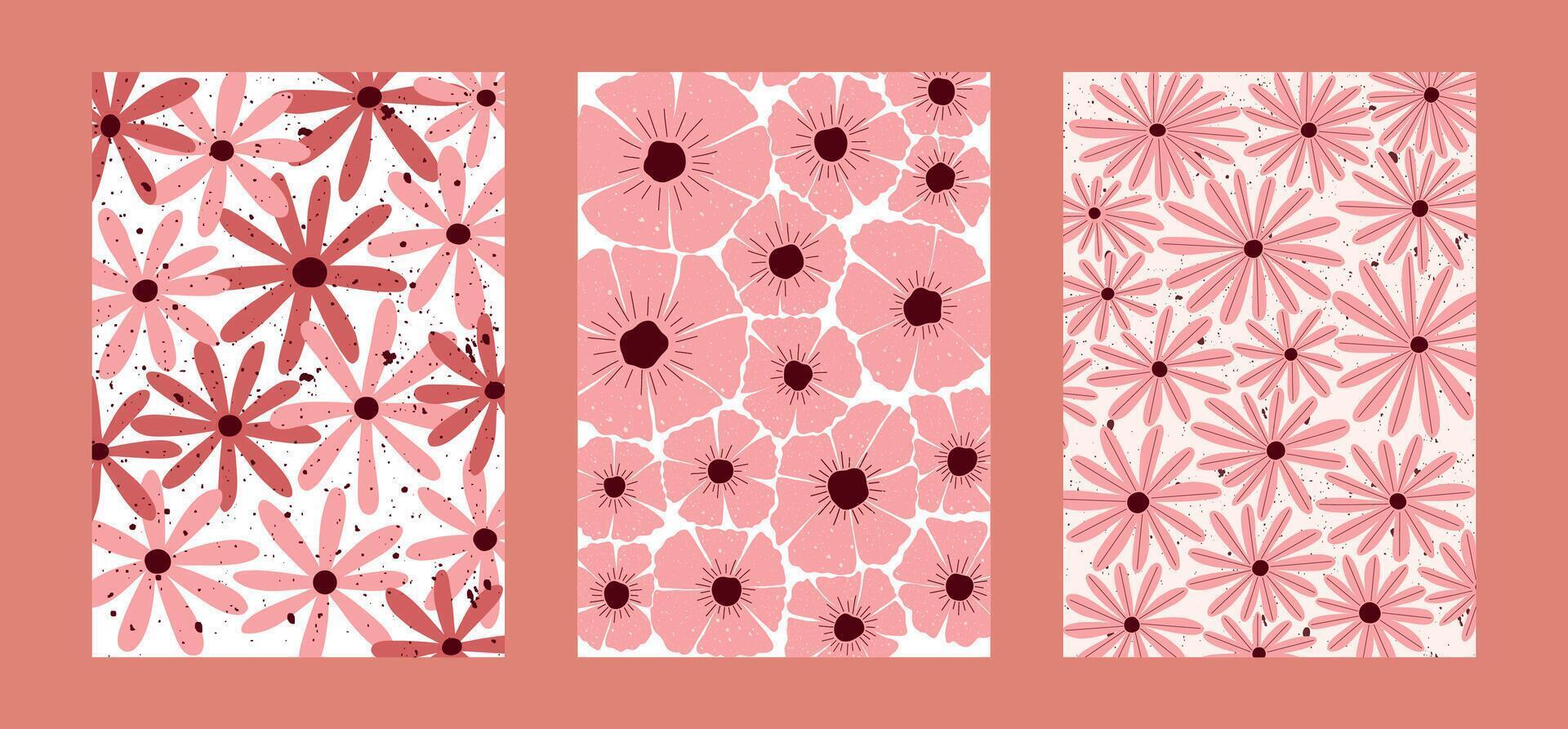 floral pattern set with hand drawn daisy and poppy flowers in pink and red palette for fabric, wrapping paper, wallpaper and spring decor vector