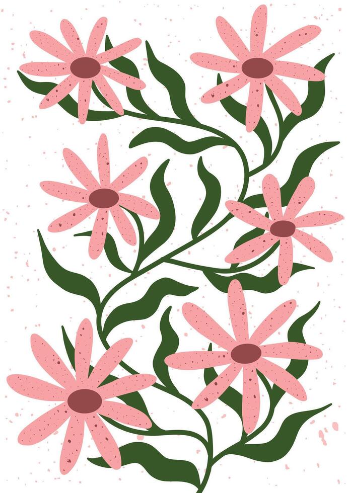 Hand drawn floral pattern with pink daisy flowers and green leaves on white. vector
