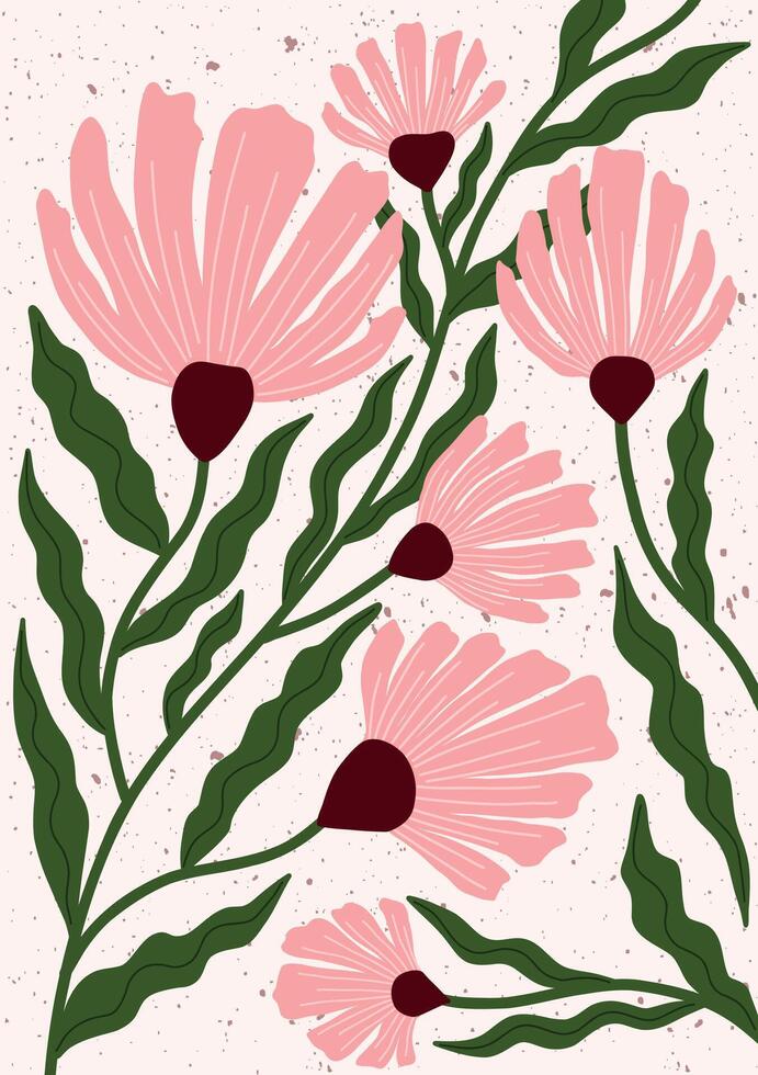 Hand drawn botanical artwork with tall pink flowers and flowing green leaves. Modern flat floral composition with textured background. Ideal for nursery prints, wall art, or surface design. vector