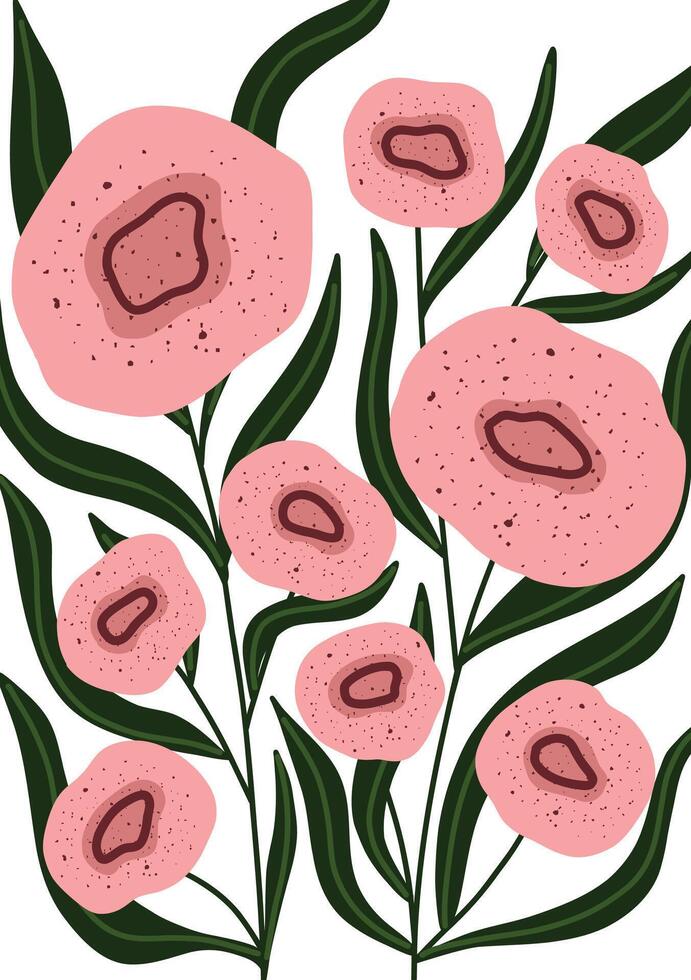 Bold hand drawn floral illustration with pink abstract flowers and dark green leaves. vector