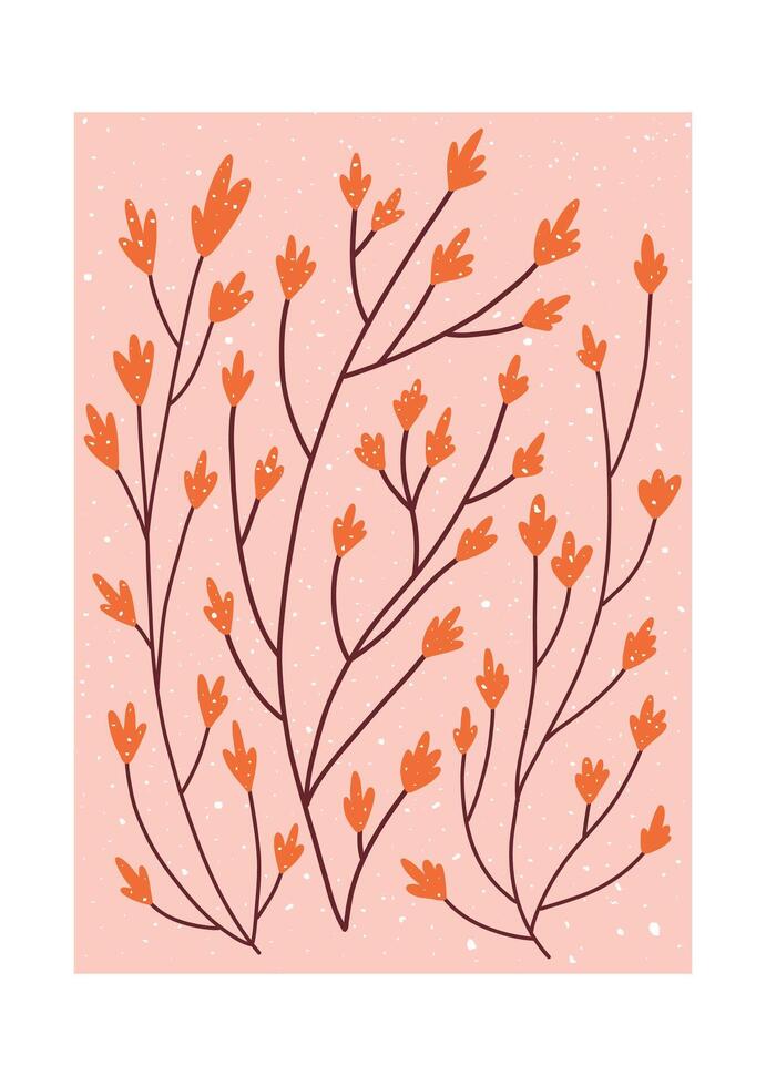 Delicate hand drawn branches with orange buds on a soft pink background. Great for prints, cards, and modern floral projects. vector