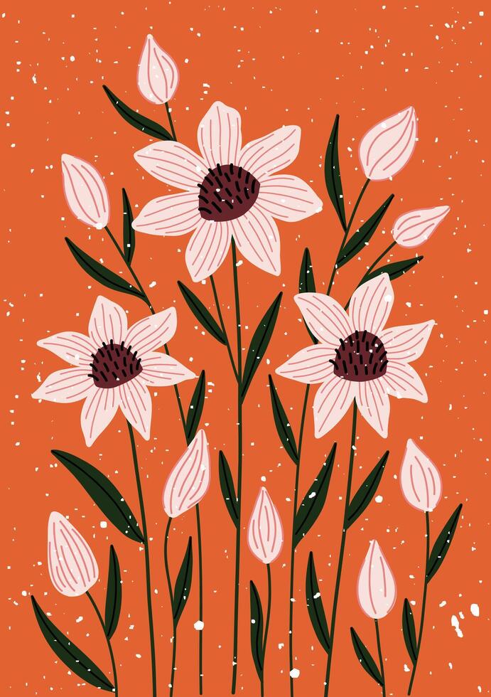 Hand drawn floral pattern with white flowers and buds on orange background. vector