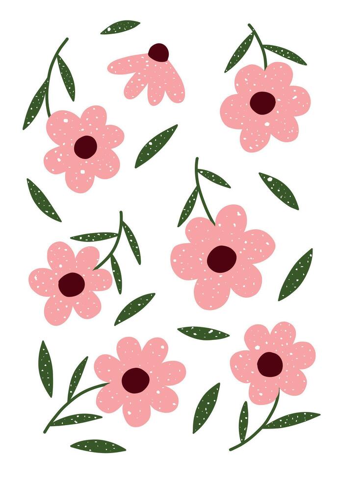 Hand drawn flower design playful pink flowers and green leaves on a clean white background. Minimal, modern, and cheerful style for wall art, nursery decor vector