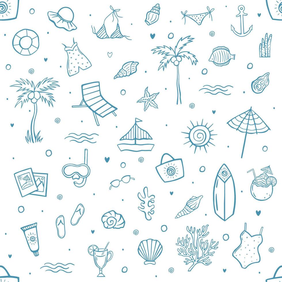 Seamless summer vacation pattern with hand drawn beach doodles including swimwear, cocktails, shells, palms and ocean elements on white background vector