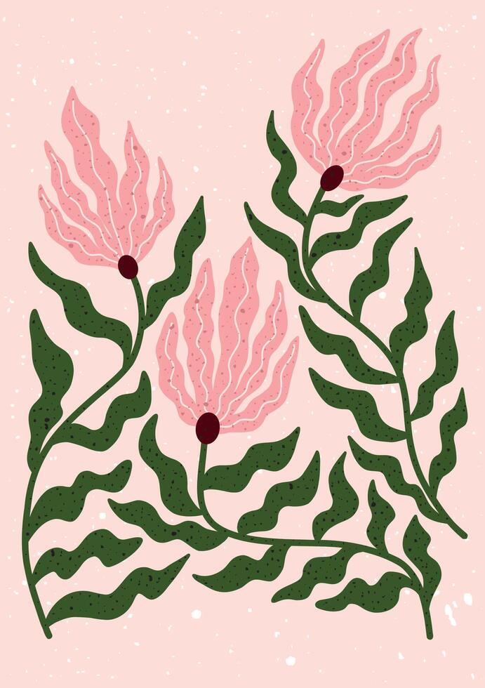 Hand drawn floral illustration with bold pink petals and wavy green leaves. Playful dotted texture and whimsical botanical forms on soft pastel background. Perfect for modern prints, wall decor vector