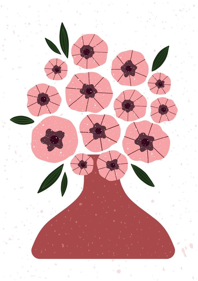 Hand drawn bouquet of pink flowers in a red vase with scattered leaves. vector