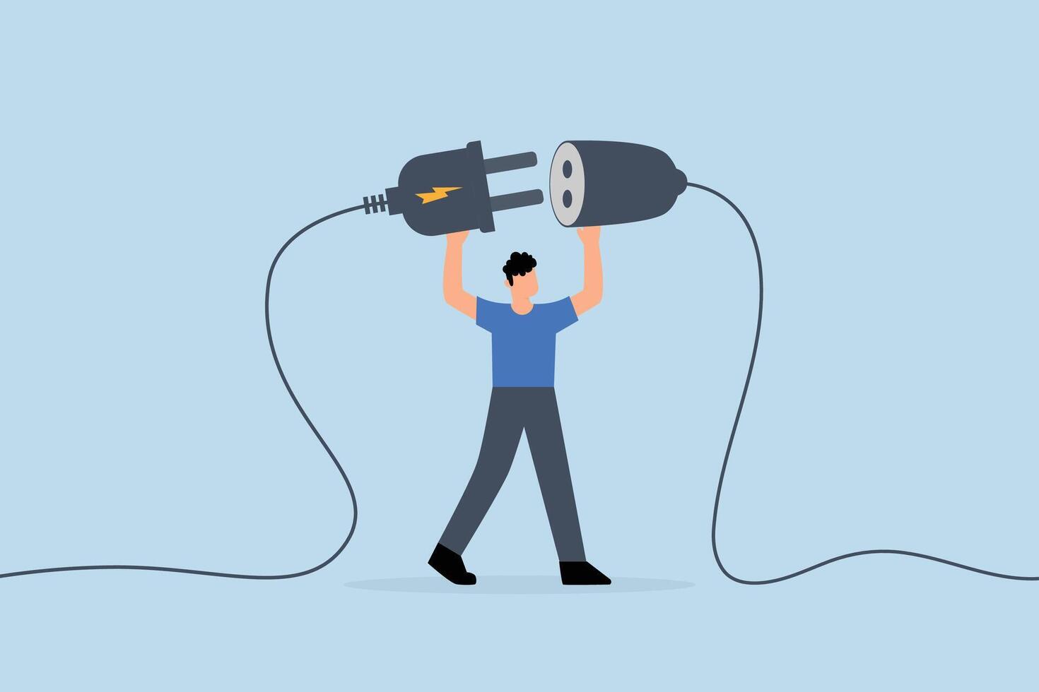 Business continuity, business manager plugs in power cord to continue business. vector
